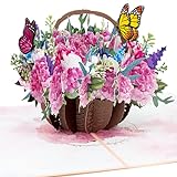 LIMAH® Pop-Up 3D Grußkarte/ Blumenkorb-Karte (Hortensien) für Sie zum Geburtstag, Muttertag, Valentinstag, zur Genesung oder als Dankeskarte /Blumenkorb mit Schmetterlingen Motiv