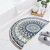 Halbrunde Badematte, rutschfeste halbrunde Türmatte, abstraktes blaues Mandala-Teppich, flauschiger Badteppich, Eingang, Willkommensmatte, Boho, Innen- und Außenbereich, Küche, Schlafzimmer