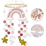 Babybett Mobile Regenbogen Windspiel Rassel Spielzeug aus Filz Ball, Neugeborenen Kinderzimmer hängende Bettglocke, Holz Ornament Geschenk