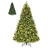 GYMAX künstlicher Weihnachtsbaum 225 cm, Tannenbaum mit 1125 Spitzen, Christbaum mit 540 LED Beleuchtung in warm weiß, inkl. Metallständer, mit 159 PE-Blättern & 71 Tannenzapfen, Grün