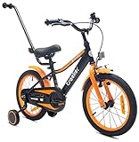 sun baby Kinderfahrrad Jungen Fahrrad Stützräder mit Abnehmbarer Schubstange 12 14 16 Zoll ab 2-6 Jahre BMX Kinder Fahrrad (Neon Orange, 16 Zoll)