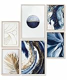 Heimlich® Premium Poster Set OHNE Bilderrahmen | 2 x DIN A3 & 4 x DIN A4 - ca. 30x42 & 21x30 | Stilvolle Poster Collagen mit passenden Bilder als Wanddeko » Abstrakt Blau Marrmor «