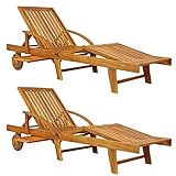 Casaria® 2X Sonnenliege Holz klappbar Tami Sun 160kg Belastbarkeit Tisch ausziehbar Räder Akazie Garten Balkon Liege Klappliege Holzliege Liegestuhl