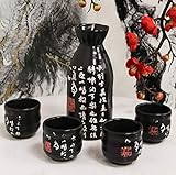 Ebros Gift Glasiertes Porzellan-Keramik-Keramik-Set mit Karaffe und 4 Tassen im Kanji-Kalligraphie-Design, Tokkuri Ochoko, ästhetisches Bargeschirr-Accessoire