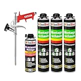 Isolbau Bauschaum-Set - Inkl. 3 x 1K Montageschaum B2 Pistolenschaum mit hervorragender Schall und Wärmedämmung (je 750 ml), 1 x PU-Schaum-Reiniger (500 ml) & 1 x Schaumpistole, D