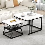Merax Quadratisch Couchtisch 2er Set, Moderne Wohnzimmertisch mit Marmoroptik, Hochglänzend Satztisch mit Stauraum, für Wohnzimmer, Balkon und Büro, Metallgestell, Weiß und Schw