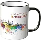 WANDKINGS® Tasse, Schriftzug Guten Morgen Karlsruhe! mit Skyline - SCHWARZ
