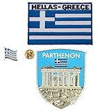 A-ONE 3 Stück Parthenon Landmark Patch + Griechenland Flagge Anstecknadel und Abzeichen, Athena, griechisches Reise-Souvenir, Taschen, patriotisches Zubehör Nr. 295B