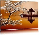 Kirschbaum an Japanischem See Format: 100x70 auf Leinwand, XXL riesige Bilder fertig gerahmt mit Keilrahmen, Kunstdruck auf Wandbild mit Rahmen, günstiger als Gemälde oder Ölbild, kein Poster oder Plakat