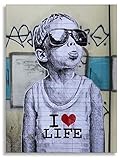 Wandbilder Druck auf leinwand 'Banksy' Graffiti - Bild 'I Love My Life' Bild fertig auf Keilrahmen Kunstdrucke, Wandbilder, Bilder zur Dekoration - direkt vom (20x30 cm)