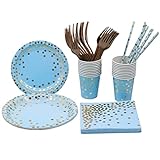 Disposal Dinnerware (Blue) Party Einweggeschirr Teller, Hochzeit Papier Geschirr mit Pappteller, Becher, Messer, Gabeln, Servietten für Partys Geburtstags
