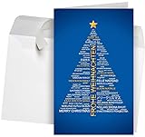 50 Premium Weihnachtskarten inkl. Umschläge Motiv: Wordcloud-Baum blau, Set hochwertiger Klappkarten (Hochformat 12x19 cm groß), internationale Weihnachtsgrüße Grüße an Firmen und Gewerbe