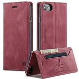 USLION 2022 Newest Hülle für iPhone SE 2022/SE 2020/iPhone 8/7/6/6S RFID SchutzHandyhülle Kartenfach Geld Slot Ständer Case Magnetisch Lederhülle Schutzhülle für iPhone 6S/7/8/SE2022 Hülle,Wein Rot