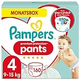Pampers Baby Windeln Pants Größe 4 (9-15kg) Premium Protection, Maxi, 160 Höschenwindeln mit Stop- und Schutz Täschchen, MONATSBOX
