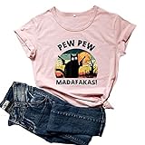 Mikialong T-Shirt für Damen, Motiv: Pew Pew Madafakas, süßes schwarzes Katzen-Motiv, Baumwolle, kurzärmelig, rose, Small