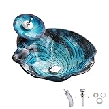 DSeenLeap Blaues Whirlpool-Aufsatzwaschbecken mit Wasserfall-Wasserhahn, künstlerische Kombination aus gehärtetem Glas und Waschtischunterschrank
