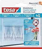 tesa Klebehaken für transparente Oberflächen und Glas (1 kg) - Durchsichtige, selbstklebende Haken - Bis zu 1 kg Halteleistung pro Haken, 2-er Pack