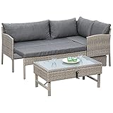 gartenmoebel-einkauf Balkon - Lounge Set Valletta, Stahl + Polyrattan graubeige, mit Liegefunktion, Polster grau, Innen und Außen