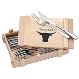 WMF Steakbesteck 12-teilig, Steakbesteck Set für 6 Personen, Steakmesser Set, Steakgabel, Cromargan Edelstahl poliert, Grillbesteck in Holzk