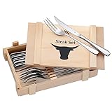 WMF Steakbesteck 12-teilig, Steakbesteck Set für 6 Personen, Steakmesser Set, Steakgabel, Cromargan Edelstahl poliert, Grillbesteck in Holzkiste