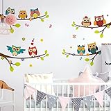 WandSticker4U®- Wandtattoo Kinder 9 SÜßE EULEN AUF ÄSTEN I Wandbilder: 120x100 cm I Fensterbilder Baum Zweig Blumen Schmetterlinge I Wand Deko Fenster Aufkleber Babyzimmer Kinderzimmer