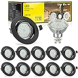 Bojim Led Einbaustrahler 230V, 10x Spot Schwarz GU10 6W 4000K Neutralweiß Deckenspots 68mm 30° Schwenkbar Einbauleuchten IP20 Rund Einbauspots Decke Wohnzimmer Deckenstrahler 82 Ra 550LM, IP20