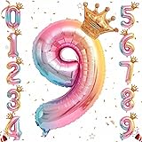 Ousuga Helium-Folien-Zahlenballon, 81,3 cm Regenbogen Farbverlauf Zahlenballons mit Krone, 0-9 Folie, Mylar, große Zahlen, Luftballons für Prinzessin Geburtstag Party Jahrestag Dekorationen (#9)