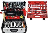 FAMEX 420-18 Alu Werkzeugkoffer gefüllt mit Top Werkzeug Set und Steckschlüsselsatz | Werkzeugkasten in Top Qualität | für den gewerblichen Einsatz