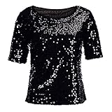 Damen Plus Size Kurzarm Pailletten Sparkle Coctail Party Casual Top Bluse Crop Tops Shirt Mode, Schwarz , XXX-Large