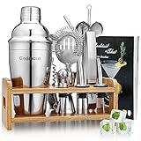 Cocktail Set, Godmorn Edelstahl Cocktail Shaker Set, 15 Teiliges Barkeeper Set mit Bessere Bambus Ständer, Rezeptbuch, Messbecher und Bar Löffel, 550 ml Cocktail Geschenk Set für Zuhause oder die Bar
