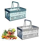 SPORWAY 2 Stück Einkaufskorb, Klappbox Plastik mit Henkel, Klappboxen Faltbar Stabil, Faltbarer Klappkorb 30,5 * 20,5 * 16,5cm, Tragbar Tragekorb mit Henkel für Regal Picknicks Supermärkte Küche B