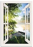 ARTland Wandbild Alu Verbundplatte für Innen & Outdoor Bild 70x100 cm Fensterblick Fenster Landschaft Wald Natur See Angelsteg Sonne Frühling T1JK