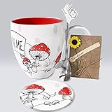 YC YANG CHAI Jumbotasse XXL 900ml 4 Teiliges Geschenkset Porzellan Kaffeebecher Teetasse Untersetzer Extra Langer Löffel Lang YC Wondercup Tasse