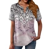 Bedruckte Shirts Damen Blusen Elegant Smart Kurzarm Lose Elegante Blusen V-Ausschnitt Ärmel Geraffte Tunika Tops Loose Fit Ausgehen Tops Damen Sweatshirts Ohne Kapuze Halber Knopf Shirt Damen, rose,