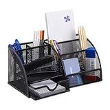 Relaxdays Schreibtischorganizer 6 Ablagen, kompakter Büroorganizer Metall, Schublade, Zettehalter, Stifteköcher, schwarz