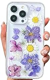 Abbery Kompatibel für iPhone 13 Pro Blume Hülle,Transparent Ultra Dünn Getrocknete Blume Schutzhülle Handyhülle Soft Silikone Case (Weiß lila)