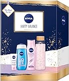 NIVEA Happy Balance Geschenkset, Set mit stylischer Trinkflasche, Pflegedusche, Shampoo und 24h Tagespflege, Pflegeset voller Verwöhnmomente zum Verschenken