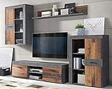 Forte Grigor Wohnwand mit 4 Türen, Holzwerkstoff, Old Wood Wintage mit Betonoptik Dunkelgrau, B x H x T: 290 x 192,3 x 41
