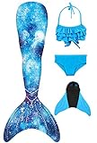 Decool 2019 Neu Mädchen Meerjungfrau Schwanz Badeanzug - Prinzessin Cosplay Bademode für das Schwimmen mit Bikini Set und Monoflosse, 4 Stück Set Ps03 130-140