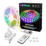MYPLUS LED Streifen, RGB Led Strips 5M mit IR-Fernbedienung und Netzteil Led Beleuchtung Band für Zuhause, Schlafzimmer, TV, Decke, Schrankdeko