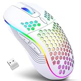 JYCSTE Kabellose Gaming Maus, wiederaufladbare Computermaus Ergonomische Maus Honeycomb Design mit RGB-Hintergrundbeleuchtung, USB-Empfänger, einstellbare DPI, für PC/Mac/Laptop (weiß)