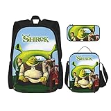 Shrek 5-teiliges Set Schulranzen Rucksack für Teenager, Jungen, Mädchen, Reise-Tagesrucksack und Lunchbox und Federmäppchen, Kinder-Laptop-Rucksack