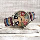 GOUDAN Uhren für Damen mit mehrfarbigem Regenbogenmuster, Boho Bunte Stretch-Gummiband-Mode-Uhren aus PU-Leder mit gewebtem Armband (Stil-B)