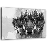 Feeby Vlies Leinwandbild Wolfskopf See Wald 100x70 cm Druckbild Wandbild Wanddekoration Deko Wand Aesthetic Tier Abstrakt Natur schwarz-weiß