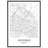 JUNOMI® Amsterdam Poster DIN A3 mit Rahmen Schwarz, DIN A3 Wohnzimmer Deko, Modernes Wandbild, Amsterdam Bild, Wandbild mit Rahmen, Stadtplan Poster Amsterdam, perfekte Geschenkidee fü