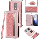 Asuwish Schutzhülle für OnePlus 7 Pro, mit Reißverschluss, Brieftaschenformat, mit Displayschutzband, glitzernd, Klappkartenhalter, Schlitz, OnePlus7Pro 5G, One Plus, 1+7, 1Plus, OnePlus7, 7Pro One+ 1