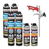 Isolbau B2 Dämmstoffkleber SET - 4 x 750 ml Perimeterkleber, 2 x PU-Schaum-Reiniger & 1x Schaumpistole für EPS & XPS-Platten - 1K PU-Klebeschaum für Fixieren und Dämmung