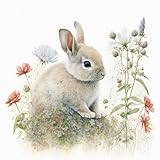 Acryl-Bild 100 x 100 cm: Kleines junges Kaninchen sitzt auf dem Feld zwischen Wilden Blumen und Gras. aquarellillustration (196606093)