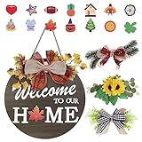 KEESIN Austauschbares Willkommensschild für Haustür-Dekoration, Bauernhaus-Haustürschilder mit 4 saisonalen Kränzen und 14 austauschbaren Symbolen für Heimdekoration (1#)