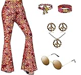 CosCool Damen 70er 80er Jahre Hippie Kostüm Schlaghose, Boho Blumendruck Ausgestellte Hosen Hippie Disco Hosen Set mit Hippie Accessoires Braun S
